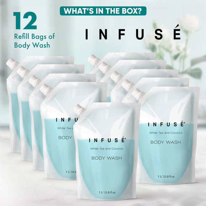 INFUSÉ 1 Liter Body Wash Refill Bag For Soap Dispensers | Bulk Toiletries for Vacation Rentals, and Home Bathroom Showers | White Tea and Coconut | Set of 12