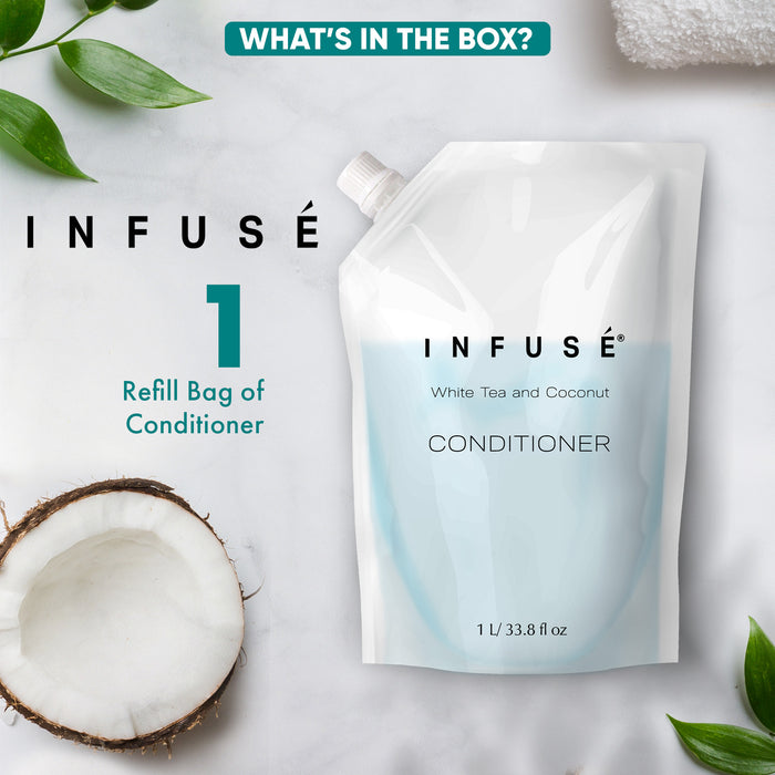 INFUSÉ 1 Liter Conditioner Refill Bag For Soap Dispensers | Bulk Toiletries for Vacation Rentals, and Home Bathroom Showers | White Tea and Coconut | Single