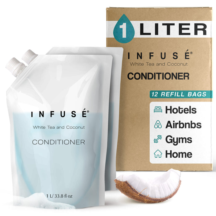 INFUSÉ 1 Liter Conditioner Refill Bag For Soap Dispensers | Bulk Toiletries for Vacation Rentals, and Home Bathroom Showers | White Tea and Coconut | Set of 12