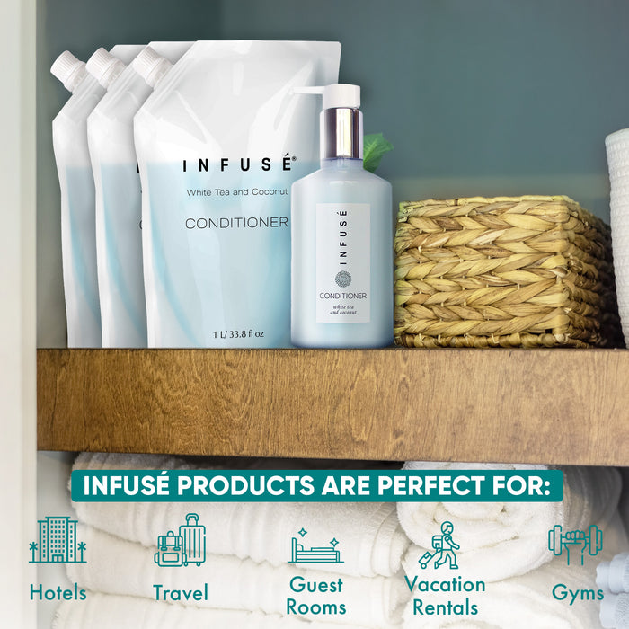 INFUSÉ 1 Liter Conditioner Refill Bag For Soap Dispensers | Bulk Toiletries for Vacation Rentals, and Home Bathroom Showers | White Tea and Coconut | Set of 12