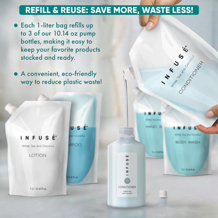 INFUSÉ 1 Liter Conditioner Refill Bag For Soap Dispensers | Bulk Toiletries for Vacation Rentals, and Home Bathroom Showers | White Tea and Coconut | Set of 12