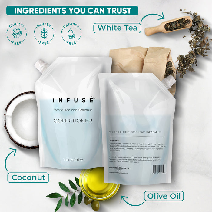 INFUSÉ 1 Liter Conditioner Refill Bag For Soap Dispensers | Bulk Toiletries for Vacation Rentals, and Home Bathroom Showers | White Tea and Coconut | Set of 12