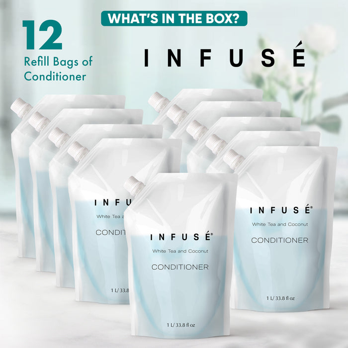 INFUSÉ 1 Liter Conditioner Refill Bag For Soap Dispensers | Bulk Toiletries for Vacation Rentals, and Home Bathroom Showers | White Tea and Coconut | Set of 12