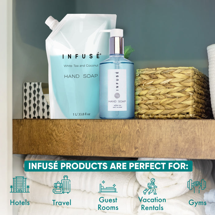 INFUSÉ 1 Liter Hand Wash Refill Bag For Soap Dispensers | Bulk Toiletries for Vacation Rentals, and Home Bathroom Showers | White Tea and Coconut | Single