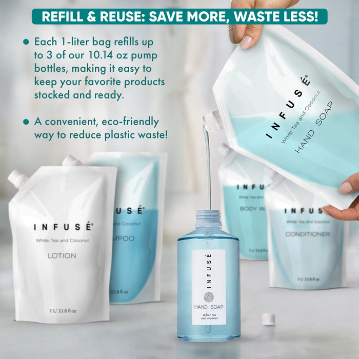 INFUSÉ 1 Liter Hand Wash Refill Bag For Soap Dispensers | Bulk Toiletries for Vacation Rentals, and Home Bathroom Showers | White Tea and Coconut | Single