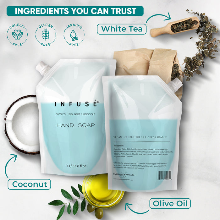 INFUSÉ 1 Liter Hand Wash Refill Bag For Soap Dispensers | Bulk Toiletries for Vacation Rentals, and Home Bathroom Showers | White Tea and Coconut | Single