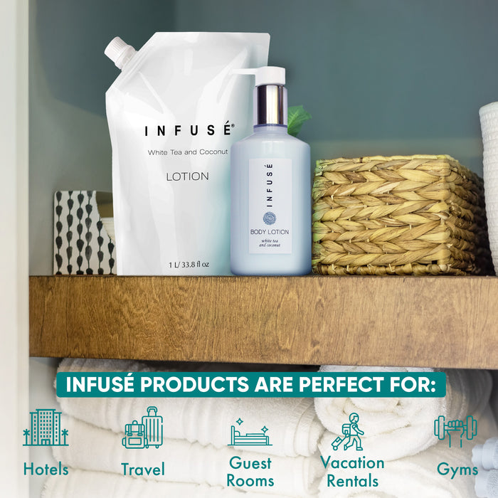 INFUSÉ 1 Liter Lotion Refill Bag For Soap Dispensers | Bulk Toiletries for Vacation Rentals, and Home Bathroom Showers | White Tea and Coconut | Single