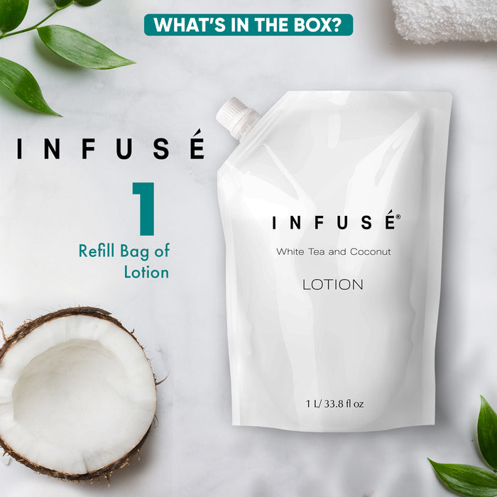 INFUSÉ 1 Liter Lotion Refill Bag For Soap Dispensers | Bulk Toiletries for Vacation Rentals, and Home Bathroom Showers | White Tea and Coconut | Single