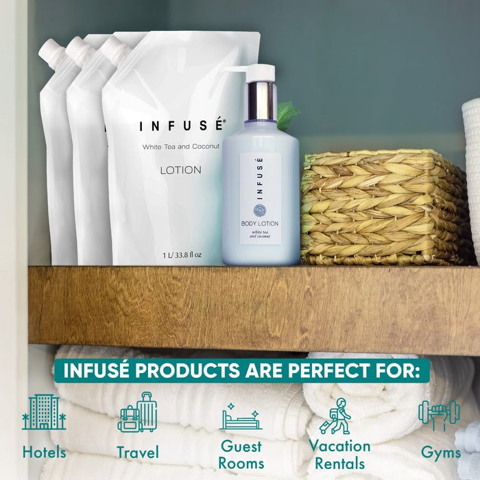 INFUSÉ 1 Liter Lotion Refill Bag For Soap Dispensers | Bulk Toiletries for Vacation Rentals, and Home Bathroom Showers | White Tea and Coconut | Set of 12