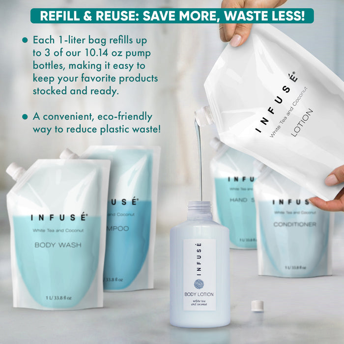 INFUSÉ 1 Liter Lotion Refill Bag For Soap Dispensers | Bulk Toiletries for Vacation Rentals, and Home Bathroom Showers | White Tea and Coconut | Set of 12