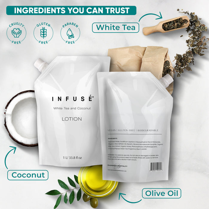 INFUSÉ 1 Liter Lotion Refill Bag For Soap Dispensers | Bulk Toiletries for Vacation Rentals, and Home Bathroom Showers | White Tea and Coconut | Set of 12