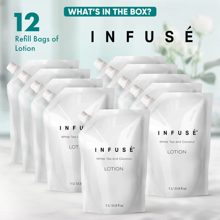 INFUSÉ 1 Liter Lotion Refill Bag For Soap Dispensers | Bulk Toiletries for Vacation Rentals, and Home Bathroom Showers | White Tea and Coconut | Set of 12