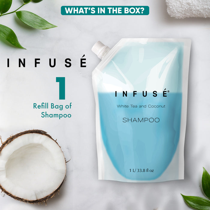 INFUSÉ 1 Liter Shampoo Refill Bag For Soap Dispensers | Bulk Toiletries for Vacation Rentals, and Home Bathroom Showers | White Tea and Coconut | Single