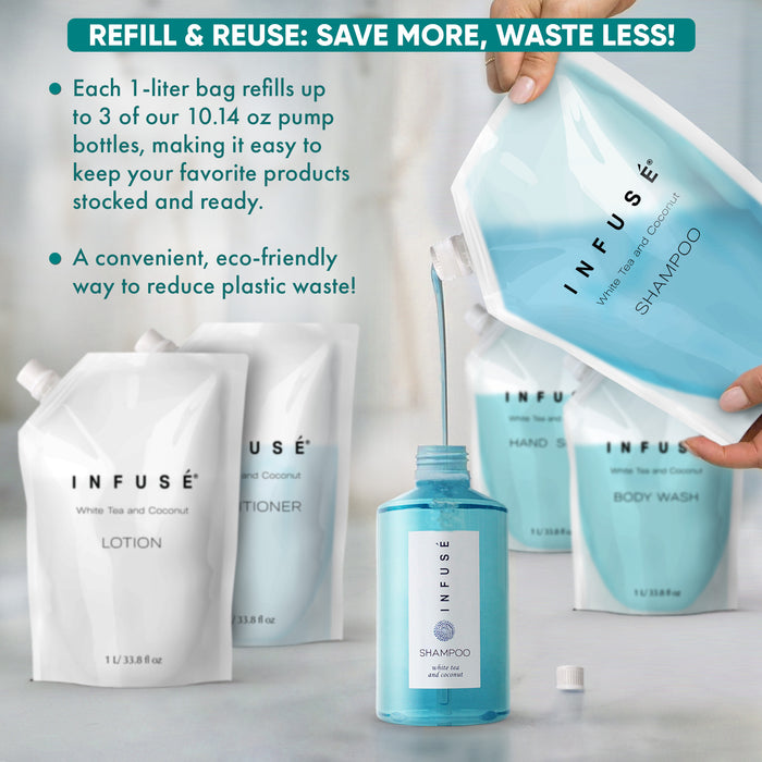 INFUSÉ 1 Liter Shampoo Refill Bag For Soap Dispensers | Bulk Toiletries for Vacation Rentals, and Home Bathroom Showers | White Tea and Coconut | Set of 12