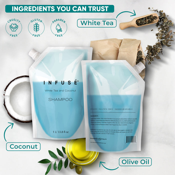 INFUSÉ 1 Liter Shampoo Refill Bag For Soap Dispensers | Bulk Toiletries for Vacation Rentals, and Home Bathroom Showers | White Tea and Coconut | Set of 12