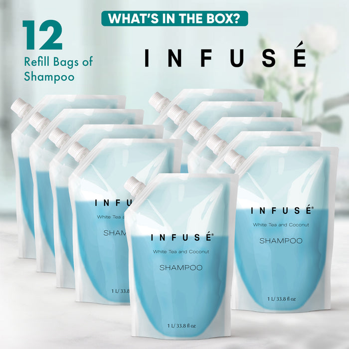 INFUSÉ 1 Liter Shampoo Refill Bag For Soap Dispensers | Bulk Toiletries for Vacation Rentals, and Home Bathroom Showers | White Tea and Coconut | Set of 12