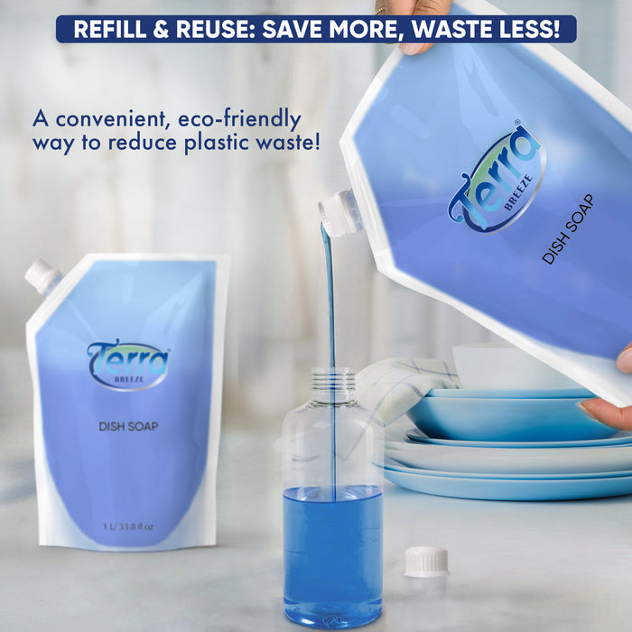 Terra Breeze Dish Soap Refill Bag | Non-Toxic, Gentle on Skin | Eco-Friendly Dishwashing Solution for Home Kitchens, Restaurants, and Vacation Rentals | 1 Liter Refill For Small Dispensers