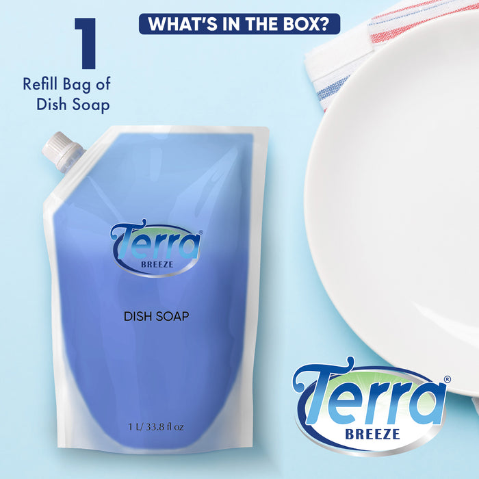 Terra Breeze Dish Soap Refill Bag | Non-Toxic, Gentle on Skin | Eco-Friendly Dishwashing Solution for Home Kitchens, Restaurants, and Vacation Rentals | 1 Liter Refill For Small Dispensers