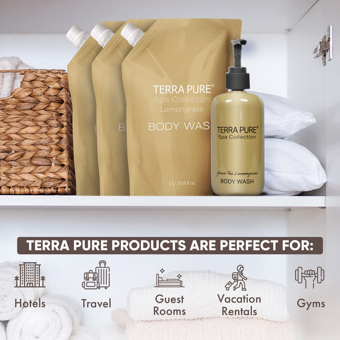 Terra Pure Spa Collection 1 Liter Body Wash Refill Bag For Soap Dispensers | Bulk Toiletries for Vacation Rentals, and Home Bathroom Showers | Green Tea Lemongrass | Set of 12