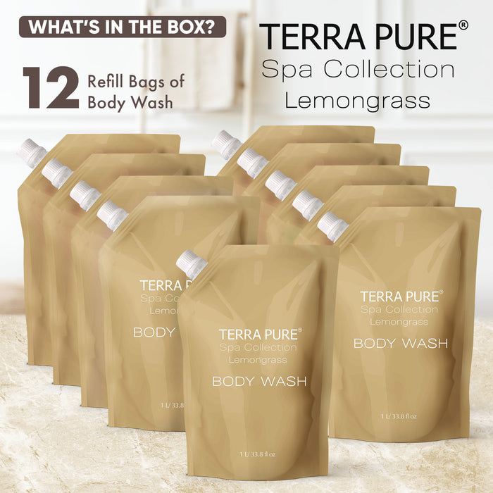 Terra Pure Spa Collection 1 Liter Body Wash Refill Bag For Soap Dispensers | Bulk Toiletries for Vacation Rentals, and Home Bathroom Showers | Green Tea Lemongrass | Set of 12