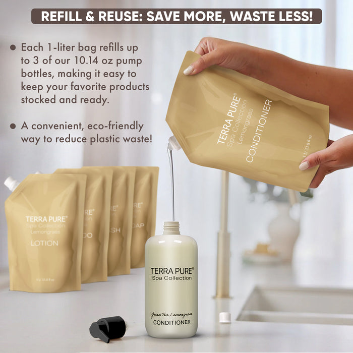 Terra Pure Spa Collection 1 Liter Conditioner Refill Bag For Soap Dispensers | Bulk Toiletries for Vacation Rentals, and Home Bathroom Showers | Green Tea Lemongrass | Single