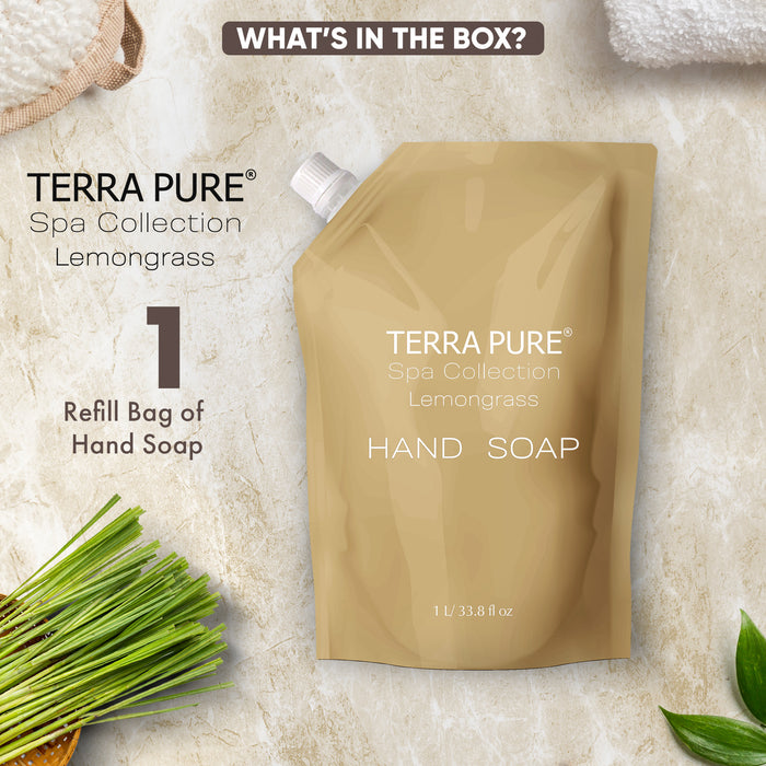 Terra Pure Spa Collection 1 Liter Hand Wash Refill Bag For Soap Dispensers | Bulk Toiletries for Vacation Rentals, and Home Bathroom Showers | Green Tea Lemongrass | Single