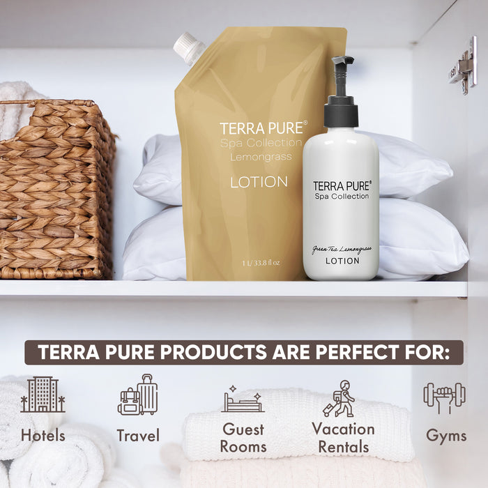 Terra Pure Spa Collection 1 Liter Lotion Refill Bag For Soap Dispensers | Bulk Toiletries for Vacation Rentals, and Home Bathroom Showers | Green Tea Lemongrass | Single