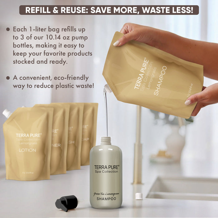 Terra Pure Spa Collection 1 Liter Shampoo Refill Bag For Soap Dispensers | Bulk Toiletries for Vacation Rentals, and Home Bathroom Showers | Green Tea Lemongrass | Set of 12