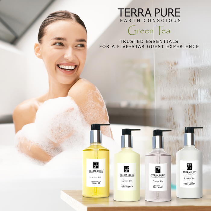 Terra Pure Green Tea | 1 Shampoo, 1 Conditioner, 1 Body Lotion & 1 Body Wash | 10.14oz Hotel Soaps and Toiletries Bulk | Personal Care Products