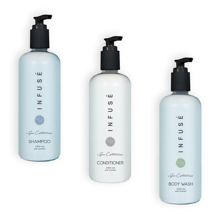 A 30 Piece EcoBox All-in-Kit of our Aquavera 10.14 oz. 300 ml Bottles--12 Shampoos, 6 Conditioners, & 12 Body Washes
