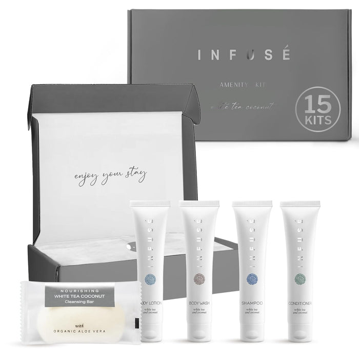 Infuse Amenity Kit | Boxed Hotel Toiletries | Bulk Set 1 oz Travel Size Shampoo, Conditioner, Lotion, Body Wash & Cleansing Bar for Guest Hospitality AirBnB/Vacation Rentals | 15 sets per case