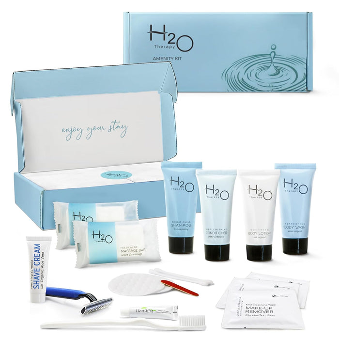 H2O Therapy Amenity & Accessory Kit | 0.85 oz Travel Size Shampoo, Conditioner, Lotion, Body Wash, Massage Bar, Cleansing Bar, Shave & Dental Sets, Make-Up Remover Wipes, & Vanity Kit | 1 set per case