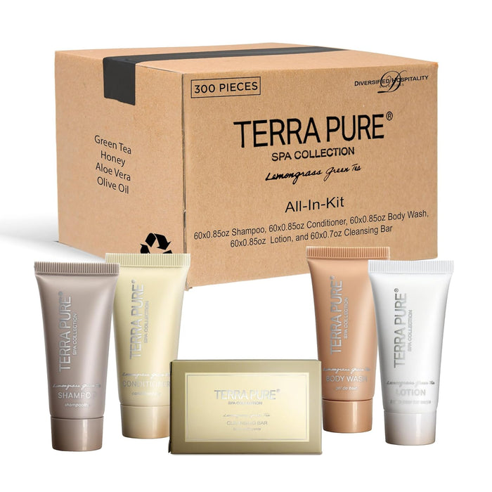 Terra Pure Spa Collection Bulk Set Toiletries | 1-Shoppe All-In-Kit Amenities for Hotels & Airbnb | 0.85 oz Hotel Shampoo & Conditioner, Body Wash, Lotion & Cleansing Bar Travel Size Tubes| 300 Pieces