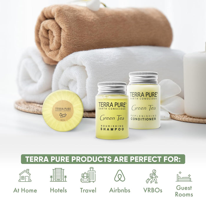 Terra Pure Green Tea Hotel Soaps and Toiletries Bulk Set|1-Shoppe All-In-Kit Amenities for Hotels & Airbnb|1 oz Hotel Shampoo & Conditioner, 1.25 oz Bar Soap Travel Size|150 Pieces