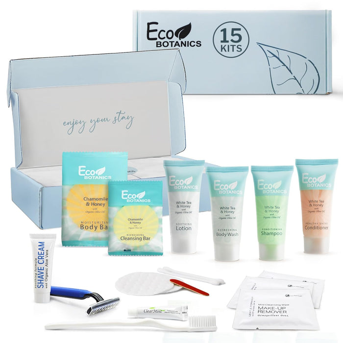 Eco Botanics Amenity & Accessory Kit | 0.85 oz Travel Size Shampoo, Conditioner, Lotion, Body Wash, Body Bar, Cleansing Bar, Shave & Dental Sets, Make-Up Remover Wipes, & Vanity Kit | 15 sets per case