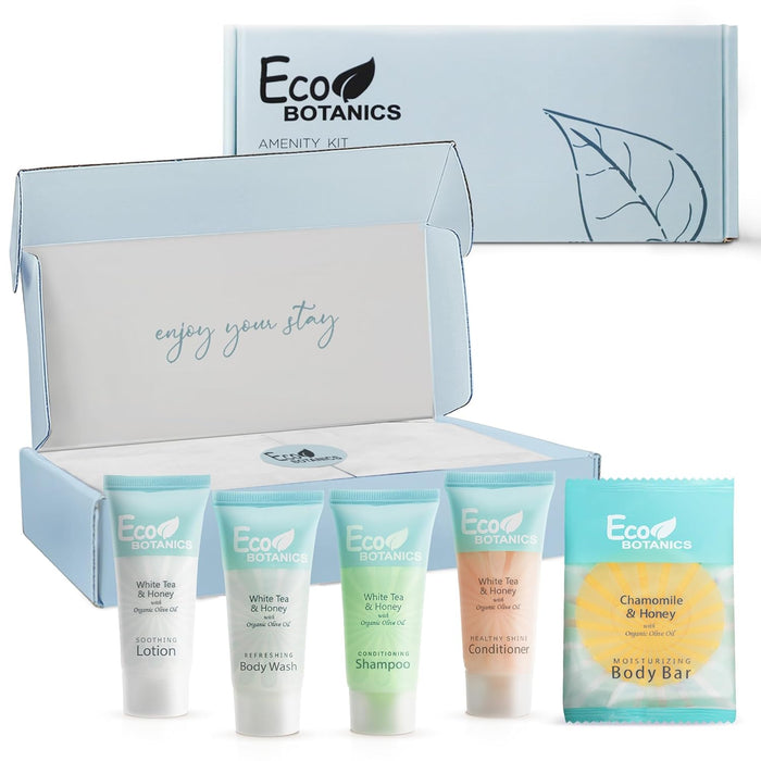 Eco Botanics Amenity Kit | Boxed Hotel Toiletries | Bulk Set 0.85 oz Travel Size Shampoo, Conditioner, Lotion, Body Wash & Body Bar Soap for Guest Hospitality AirBnB/Vacation Rentals | 1 set per case