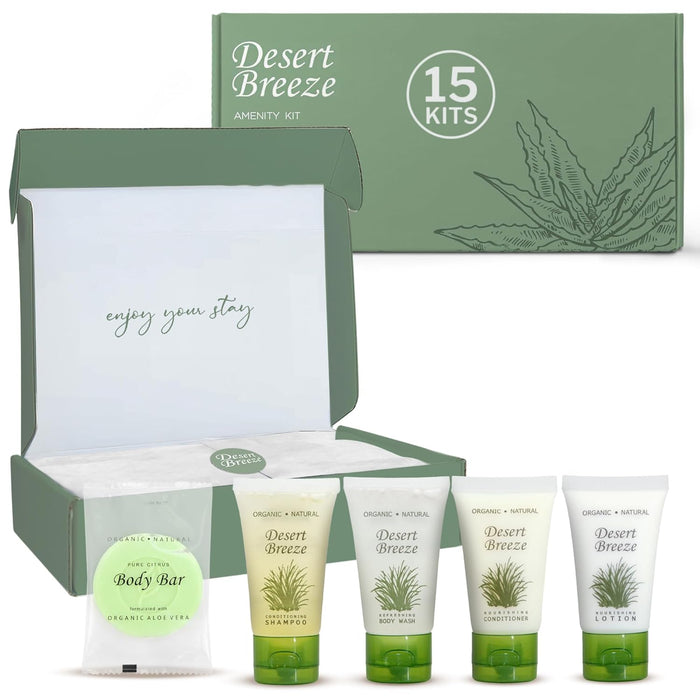 Dessert Breeze Amenity Kit | Boxed Hotel Toiletries | Bulk Set 1oz Travel Size Shampoo, Conditioner, Lotion, Body Wash & Body Bar Soap for Guest Hospitality AirBnB/Vacation Rentals | 15 sets per case