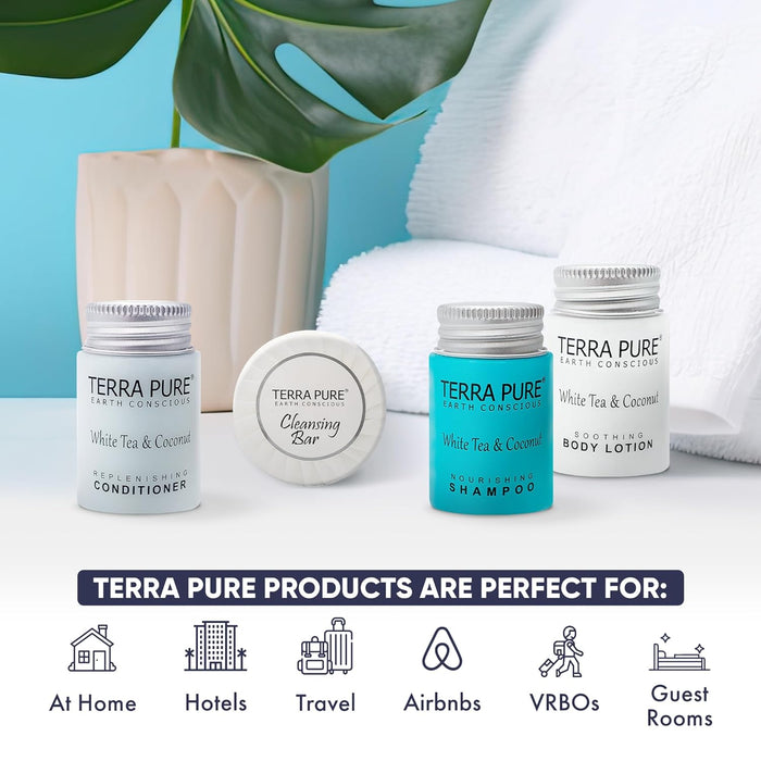 Terra Pure White Tea and Coconut Hotel Soaps and Toiletries Bulk Set|1-Shoppe All-In-Kit Amenities for Hotels & Airbnb|1 oz Hotel Shampoo, Conditioner & Lotion, 1.25 oz Bar Soap Travel Size|200 Pieces