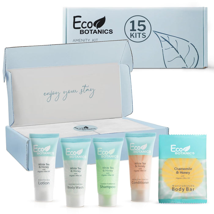 Eco Botanics Amenity Kit | Boxed Hotel Toiletries | Bulk Set .85 oz Travel Size Shampoo, Conditioner, Lotion, Body Wash & Body Bar Soap for Guest Hospitality AirBnB/Vacation Rentals | 15 sets per case