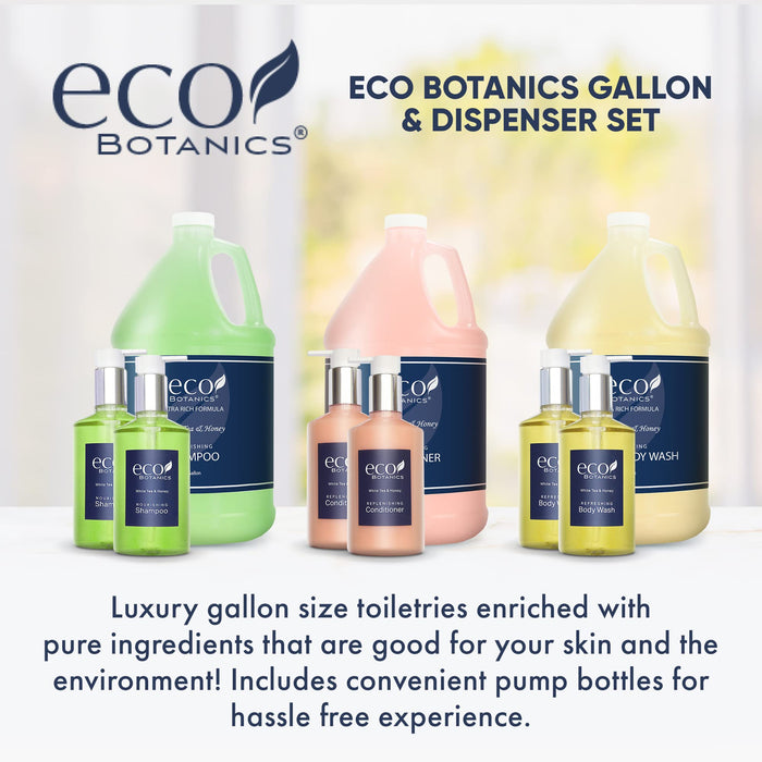 Eco Botanics Gallon & Dispenser Set | 1-Shoppe All-In-Kit | Shampoo Conditioner Body Wash Gallon | Refillable 10.14 oz. Matching Pump Bottles