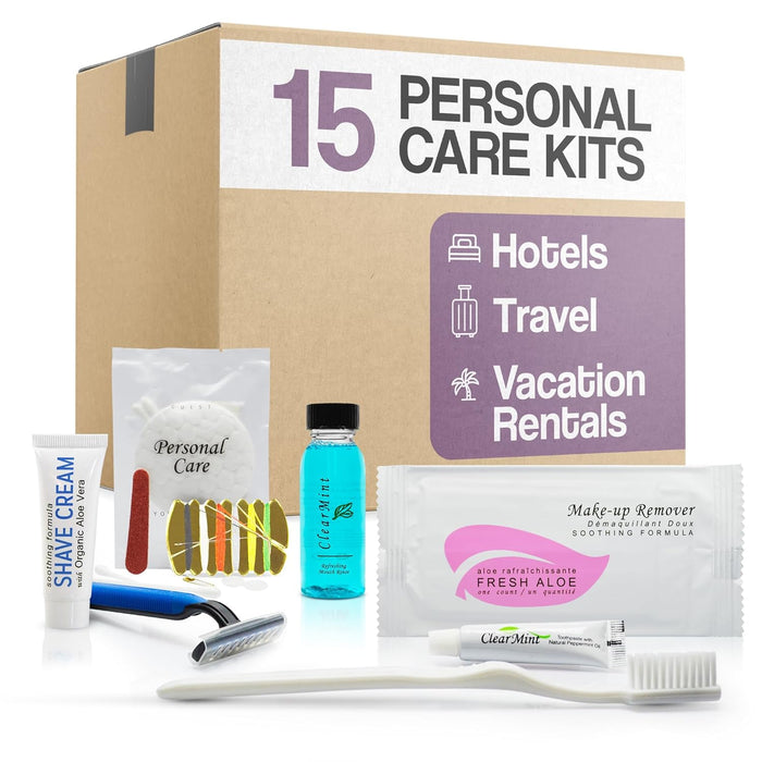 Personal Care Travel Size Toiletries | 1-Shoppe All-in-Kit Hotel Amenities Bulk | Travel Shaving Set, Toothbrush & Paste, Mouthwash, Makeup Wipes, Swabs, Nail File & Sewing Kit | 75 Pcs