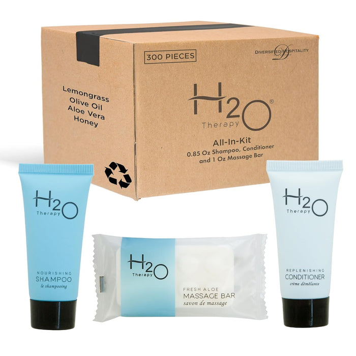 H2O Therapy Hotel Soaps and Toiletries Bulk Set | 1-Shoppe All-In-Kit Amenities for Hotels & Airbnb | 0.85 oz Hotel Shampoo & Conditioner, 1 oz Bar Soap Travel Size | 150 Pieces