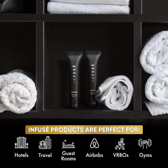 Infuse Black Hotel Toiletries Bulk, Amenities for Guest Hospitality, Motel, AirBnB, Gym, Luxury, Airport | Travel-Size Hotel Shampoo 1 oz (Case of 400)