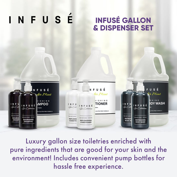 Infuse Lavender Mint Gallon & Dispenser Set | All-In-Kit | Shampoo Conditioner Body Wash Gallon | Refillable 10.14 oz. Matching Pump Bottles
