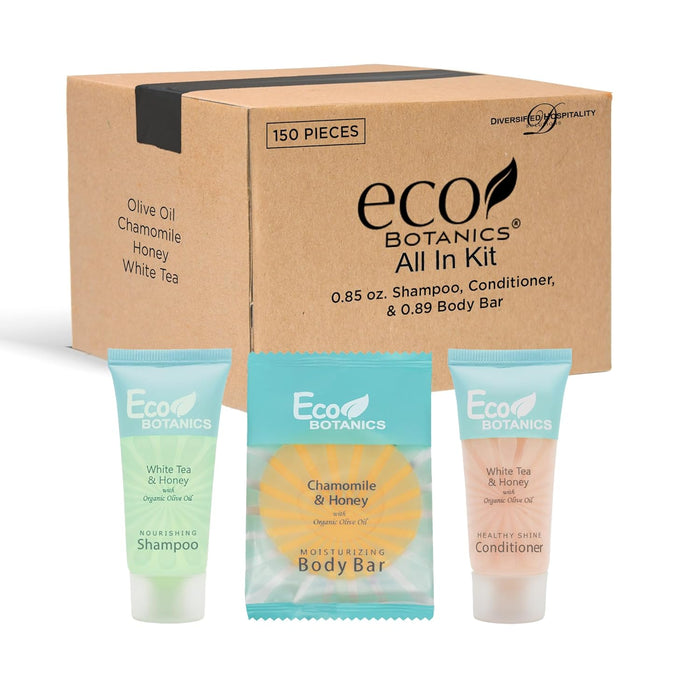 Eco Botanics Hotel Soaps and Toiletries Bulk Set | 1-Shoppe All-In-Kit Amenities for Hotels & Airbnb | 0.85 oz Hotel Shampoo & Conditioner, 0.89 oz Bar Soap Travel Size | 150 Pieces