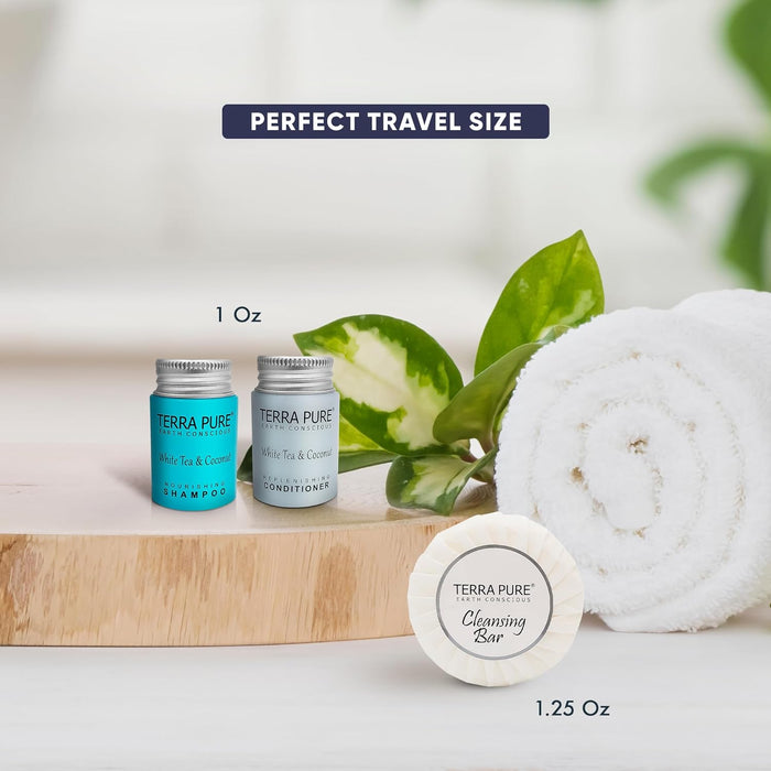 Terra Pure White Tea and Coconut Hotel Soaps and Toiletries Bulk Set | 1-Shoppe All-In-Kit Amenities for Hotels & Airbnb | 1 oz Hotel Shampoo & Conditioner, 1.25 oz Bar Soap Travel Size | 150 Pieces