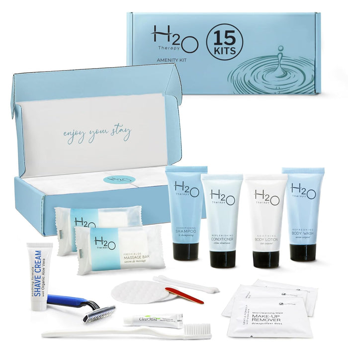 H2O Therapy Amenity & Accessory Kit | 0.85 oz Travel Size Shampoo, Conditioner, Lotion, Body Wash, Massage Bar, Cleansing Bar, Shave & Dental Sets, Make-Up Remover Wipes, & Vanity Kit | 15 sets/case