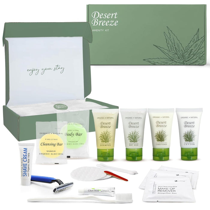 Desert Breeze Amenity & Accessory Kit | 1 oz Travel Size Shampoo, Conditioner, Lotion, Body Wash, Body Bar, Cleansing Bar, Shave & Dental Sets, Make-Up Remover Wipes, & Vanity Kit | 1 set per case