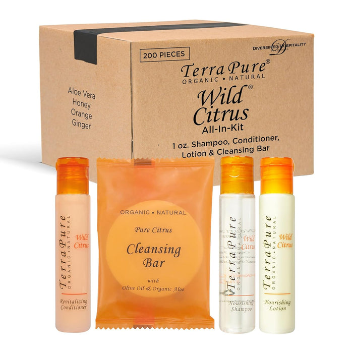 Terra Pure Wild Citrus Hotel Soaps and Toiletries Bulk Set | 1-Shoppe All-In-Kit Amenities for Hotels & Airbnb | 1 oz Shampoo, Conditioner & Lotion, 40 grams Cleansing Bar Travel Size | 200 Pieces