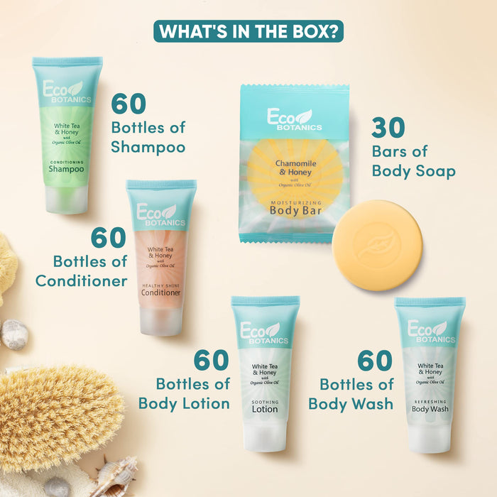 Eco Botanics Hotel Soaps & Toiletries Bulk Set | 0.85oz Hotel Shampoo & Conditioner, Body Wash, Body Lotion & Bar Soap Travel Size | 300 Pieces